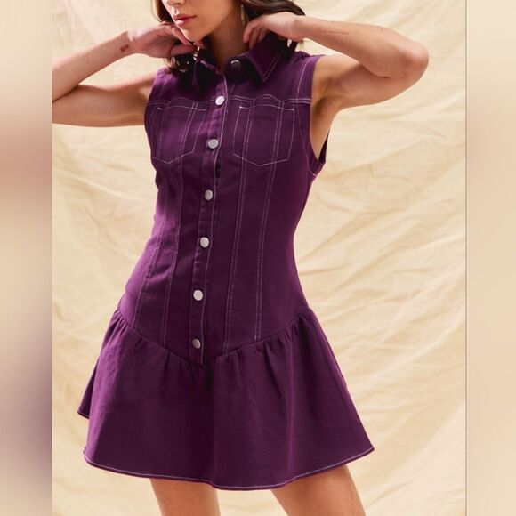 Purple Sleeveless Button-Down Dress White Stitching size Medium - Picture 9 of 14
